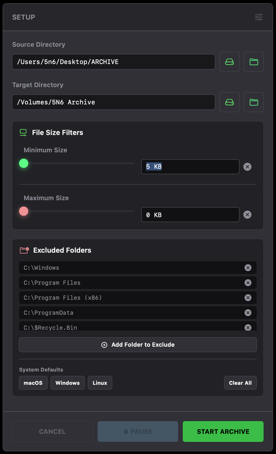 Quick setup configuration panel for file archiving on macOS