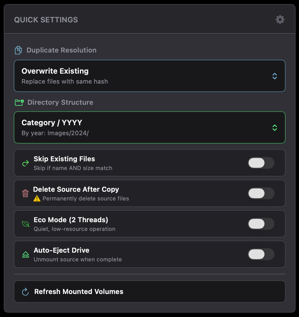 Easy access settings panel for duplicate handling and workflow customization