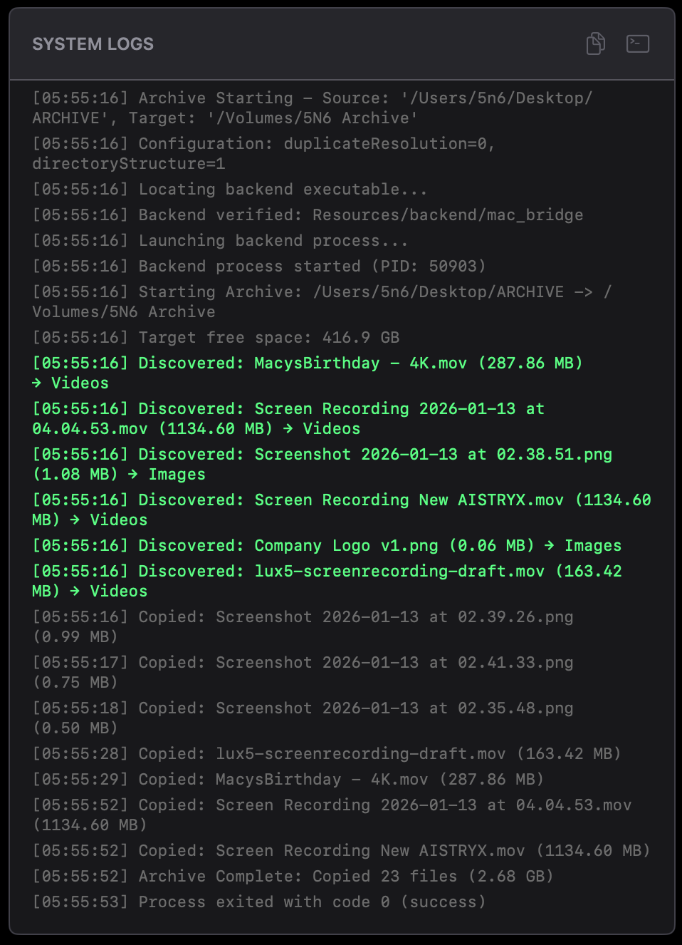 Comprehensive system logs with timestamped transfer history and status tracking